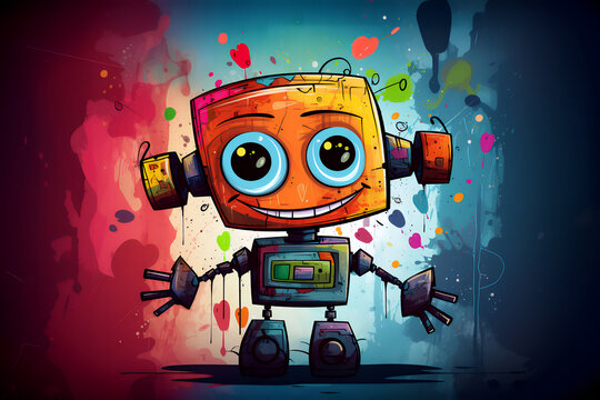 Cute cartoon happy robot. Drawing with colored pencils.