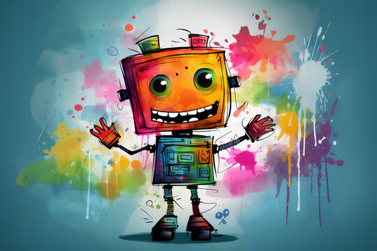 Cute cartoon happy robot. Drawing with colored pencils.