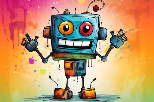 Cute cartoon happy robot. Drawing with colored pencils.