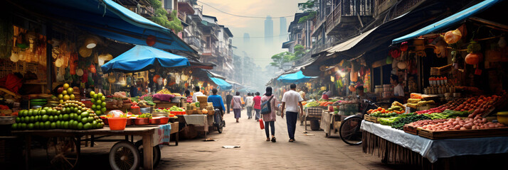 A vibrant and colorful street market scene, bustling with activity and filled with a variety of fresh produce, handmade crafts, and local delicacies.