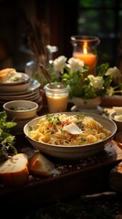 Close-up of a bowl of homemade noodles with butter, spices, herbs and cheese, against the backdrop of a warm and cozy family kitchen.recipe illustration. vertical