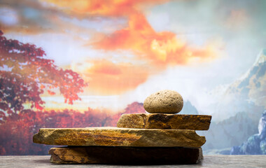 stones for the product presentation podium.brown stones on the background of a colorful landscape.
