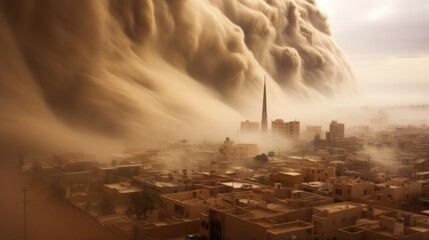 city battling a dust storm, signifying the problem of land degradation generative ai