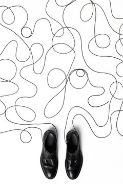 Conceptual shot of black male shoes with extremely long laces forming patterns against white background, directly above view  