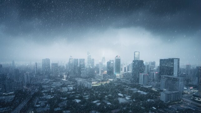 city facing a sudden hailstorm, indicating the extreme weather events caused by climate change generative ai