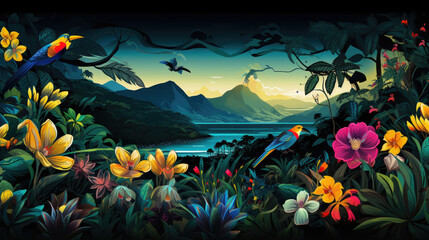 A vibrant tropical painting with colorful birds and blooming flowers