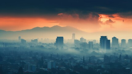 cityscape with visible air pollution, illustrating the problem of urban smog generative ai