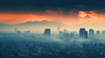 cityscape with visible air pollution, illustrating the problem of urban smog generative ai