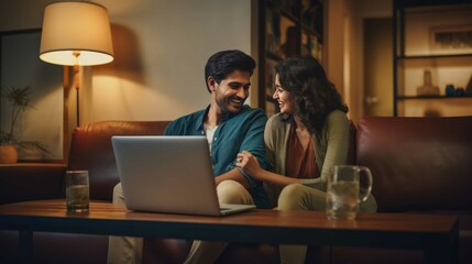 Happy Indian couple applying for banking loan or mortgage online.