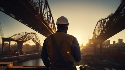 civil engineer inspecting a bridge construction site generative ai - obrazy, fototapety, plakaty
