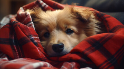Bored Young Dog Lounging Beneath the Plaid