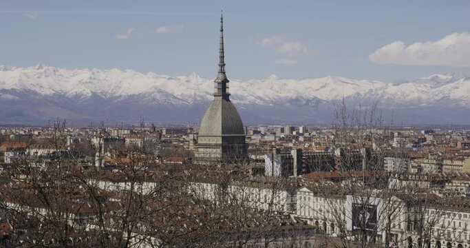 turin italy pan across city europe with alps mountains in background