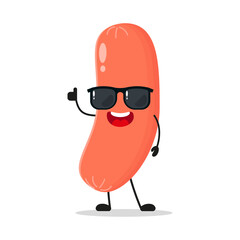Cute happy sausage character wear sunglasses. Funny food greet friend cartoon emoticon in flat style. sausage vector illustration