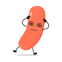 Cute dizzy sausage character. Funny confused food cartoon emoticon in flat style. sausage vector illustration