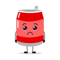 Cute sad soda can character. Funny unhappy soft drink cartoon emoticon in flat style. drink vector illustration