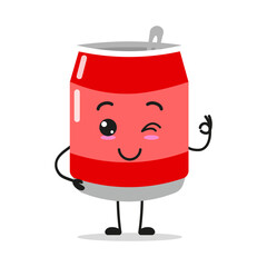 Cute happy soda can character. Funny smiling and wink soft drink cartoon emoticon in flat style. drink vector illustration