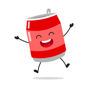 Cute happy soda can character. Funny victory jump celebration soft drink cartoon emoticon in flat style. drink vector illustration