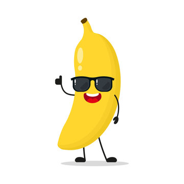 Cute happy banana character wear sunglasses. Funny fruit greet friend cartoon emoticon in flat style. food vector illustration