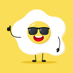 Cute happy fried egg character wear sunglasses. Funny food greet friend cartoon emoticon in flat style. egg vector illustration
