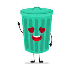 Cute happy trash can character. Funny fall in love dustbin cartoon emoticon in flat style. garbage vector illustration