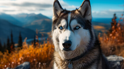 Husky with Piercing Blue Eyes in the Alaska Wilderness. 