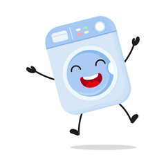 Cute happy washing machine character. Funny victory jump celebration home appliance cartoon emoticon in flat style. bag vector illustration