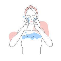 Girl washing her face with treatment foam. Exfoliant face gel against acne vector line illustration