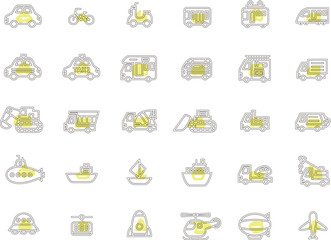 シンプルな乗り物のアウトラインアイコンセット　黄色