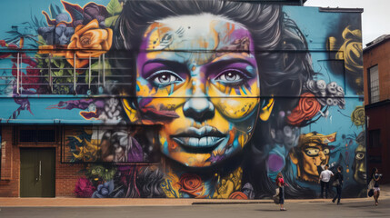 A vibrant mural depicting a woman's face adorning a building in Colombia