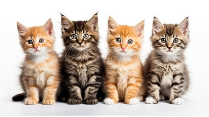 group of small kittens isolated on white background.