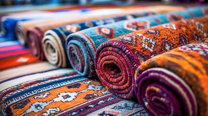 various oriental rugs and carpets stacked  - obrazy, fototapety, plakaty