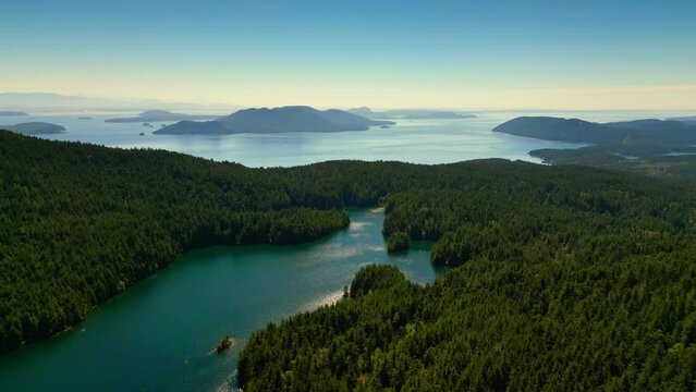 Aerial shot of Mountain Lake in Orcas Island, Washington during a summer day in the Pacific Northwest