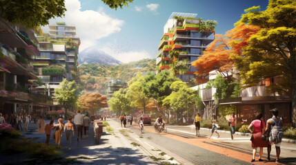 Obraz premium A vibrant city square with a majestic clock tower standing tall in the background