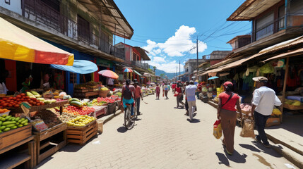 Fototapeta premium A man walking through a vibrant Colombian street market filled with an abundance of fresh produce