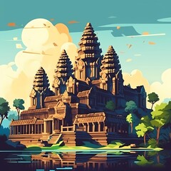 Angkor wat inspired simple 2D graphic drawing style