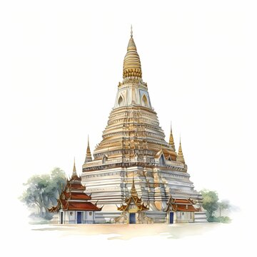 wat or temple in Thailand watercolor drawing 