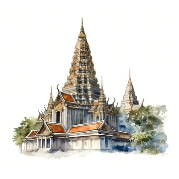 wat or temple in Thailand watercolor drawing 
