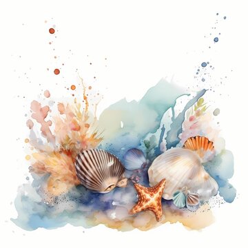 sea shells and starfish on the beach theme watercolor