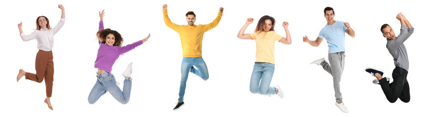 People jumping on white background, collage with photos