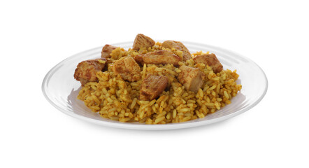 Plate of delicious rice with chicken isolated on white