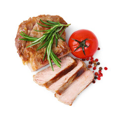 Delicious fried meat with rosemary, tomato and spices on white background, top view