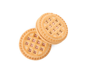 Tasty sandwich cookies with cream isolated on white, top view