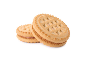 Tasty sandwich cookies with cream isolated on white
