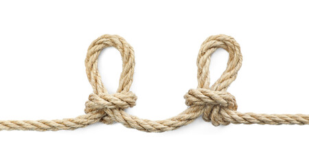 Hemp rope with knots isolated on white, top view