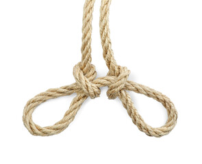 Hemp rope with knots isolated on white, top view