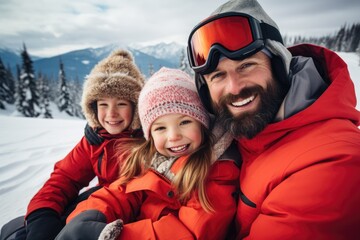 Fototapeta na wymiar Single father taking his kids skiing and snowboarding on a ski resort on a snowy mountain during winter
