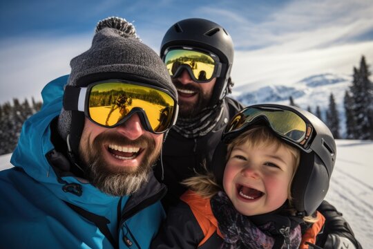 Male Gay Couple And Their Adopted Child Skiing And Snowboarding On A Ski Resort On A Snowy Mountain During Winter