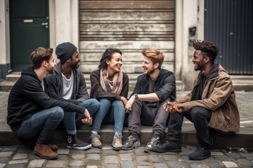 Fototapeta premium Caucasian adults, cafe conversation, coffee cups, mobile phones. Concept of social interaction.
