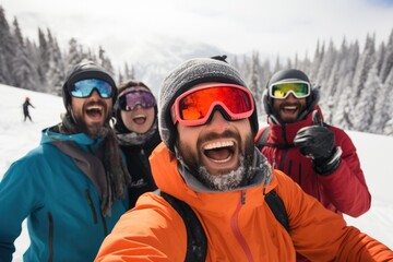 Group of people taking a selfie with a smart phone while skiing and snowboarding in a ski centar on a mountain