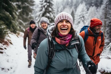 Diverse group of people and friends hiking together in the forests and mountains during winter and snow